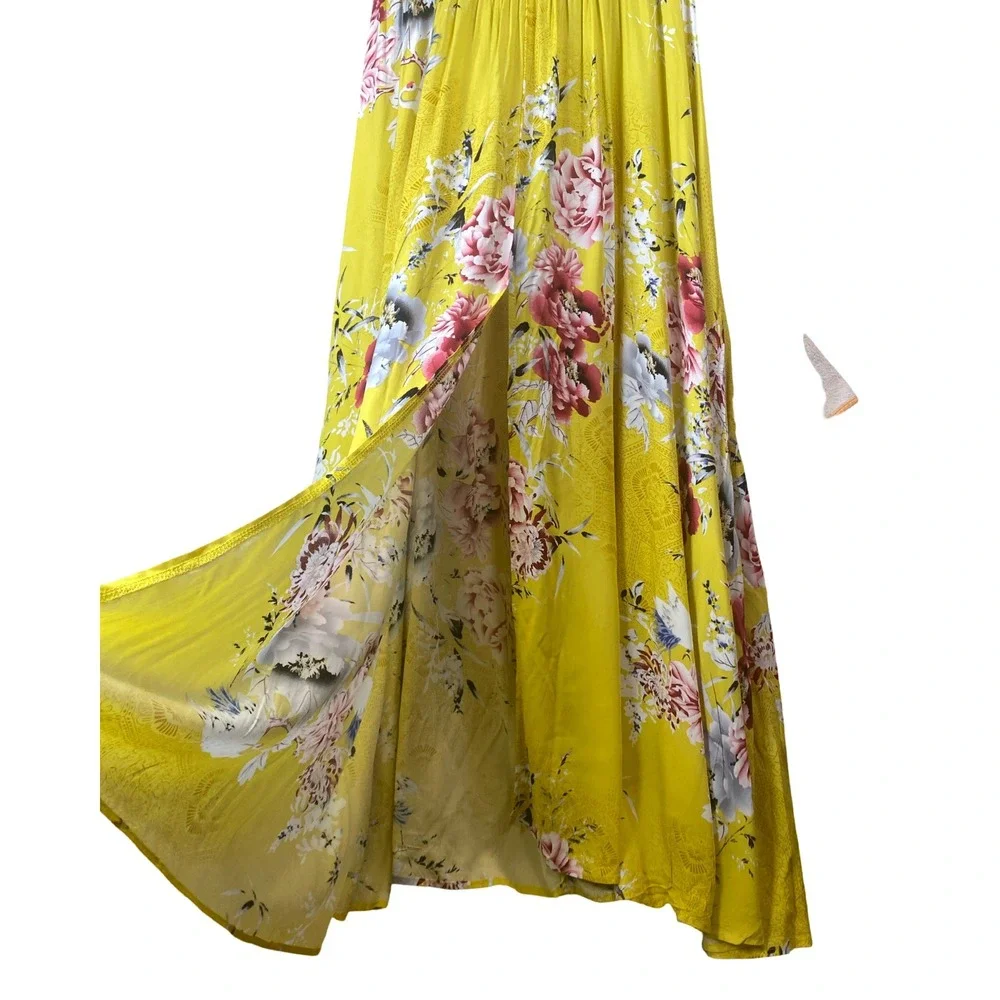 Jaase Yellow Floral Halter‎ Maxi Dress XL Crochet Smocked Vacay Tropical Boho